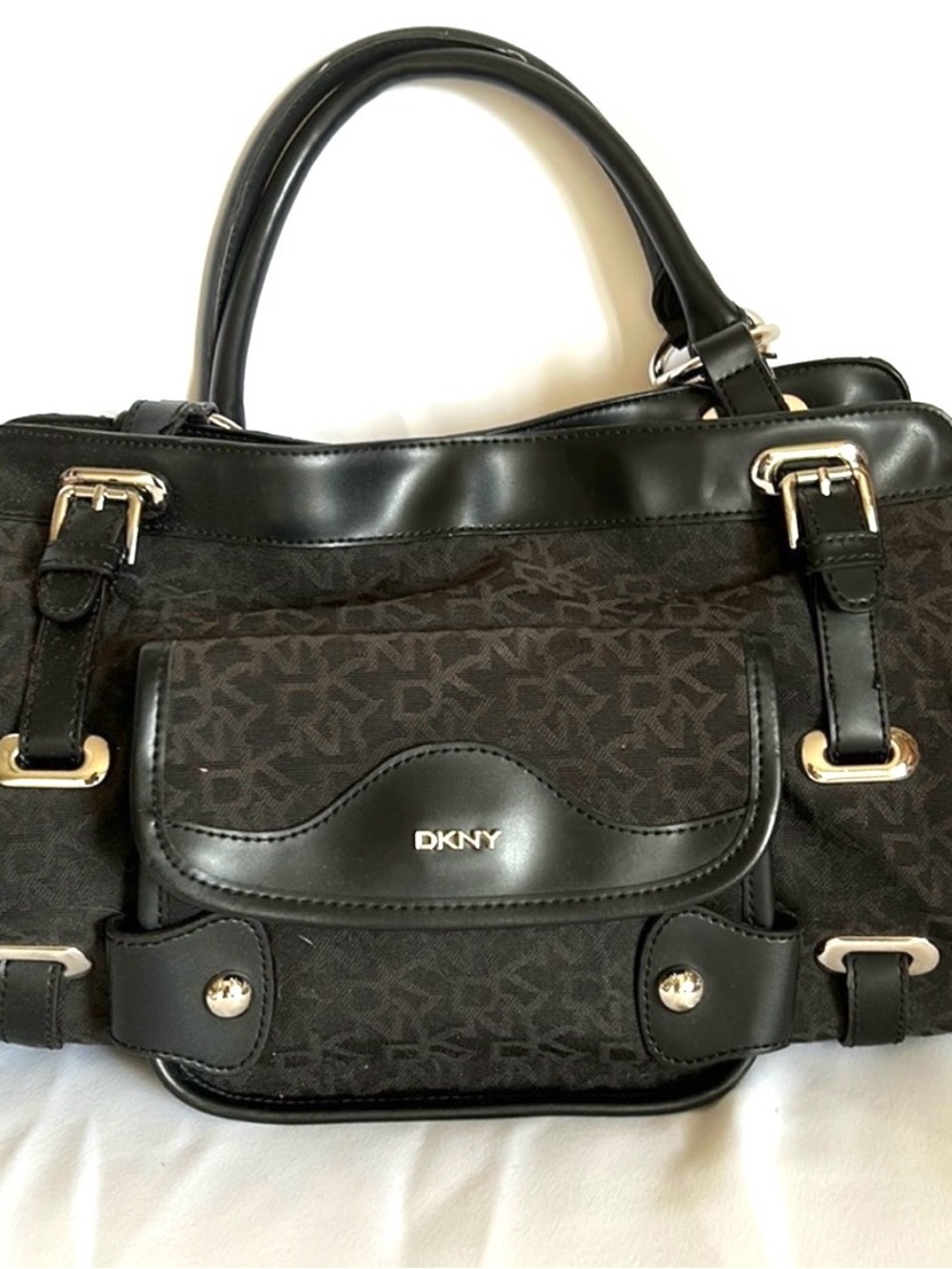 DKNY Donna Karan Black Satchel Logo Pattern Canvas Leather Designer Handbag